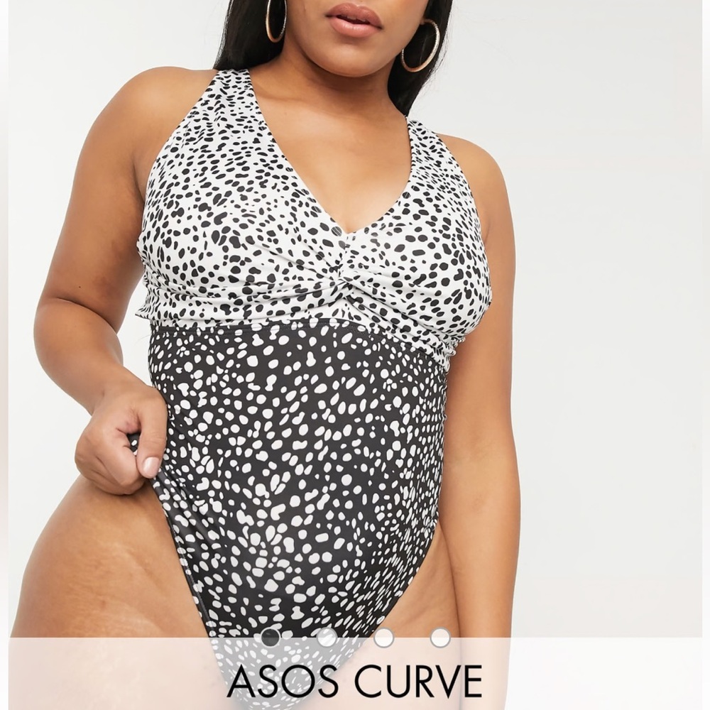 ASOS DESIGN Curve v twist front swimsuit in mixed mono spot print